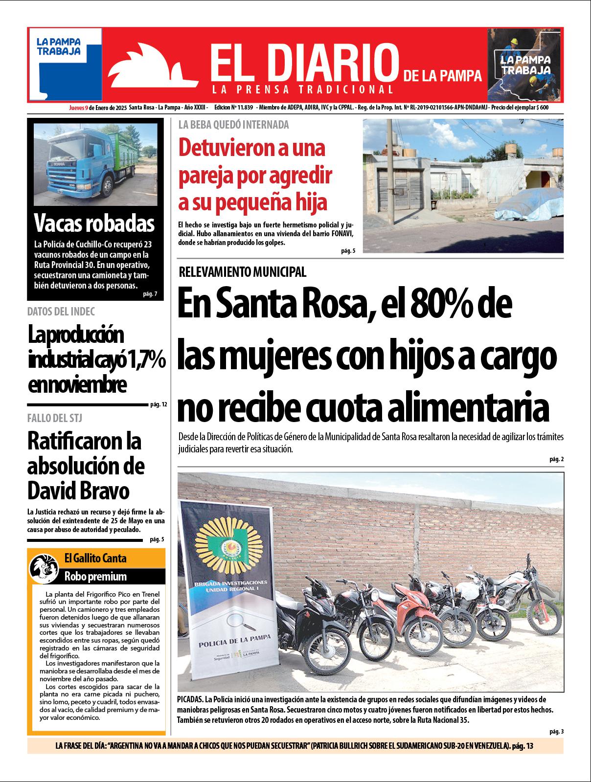 Tapa de El Diario en papel  jueves 09 de enero de 2025